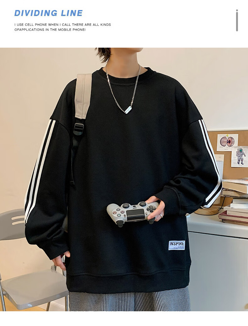Foss Phil Men's Sweatshirt, Spring And Autumn Casual Loose Long-Sleeve T-Shirt, Striped Round Neck Top, 8801 Black M 5
