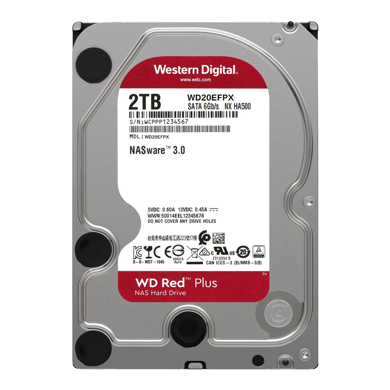 Western Digital (WD) NAS Hard Drive, WD Red Plus, 2TB, 5400 RPM, 64MB Cache, SATA CMR Vertical NAS-Specific Hard Drive, 3.5-Inch, WD20EFPX