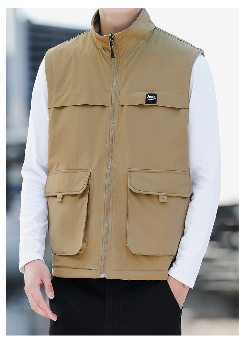 JEEP SPIRIT Fleece-Lined Casual Vest for Men, Spring And Autumn Wear, Two-Way Vest, Workwear Jacket, Khaki, 2XL 9