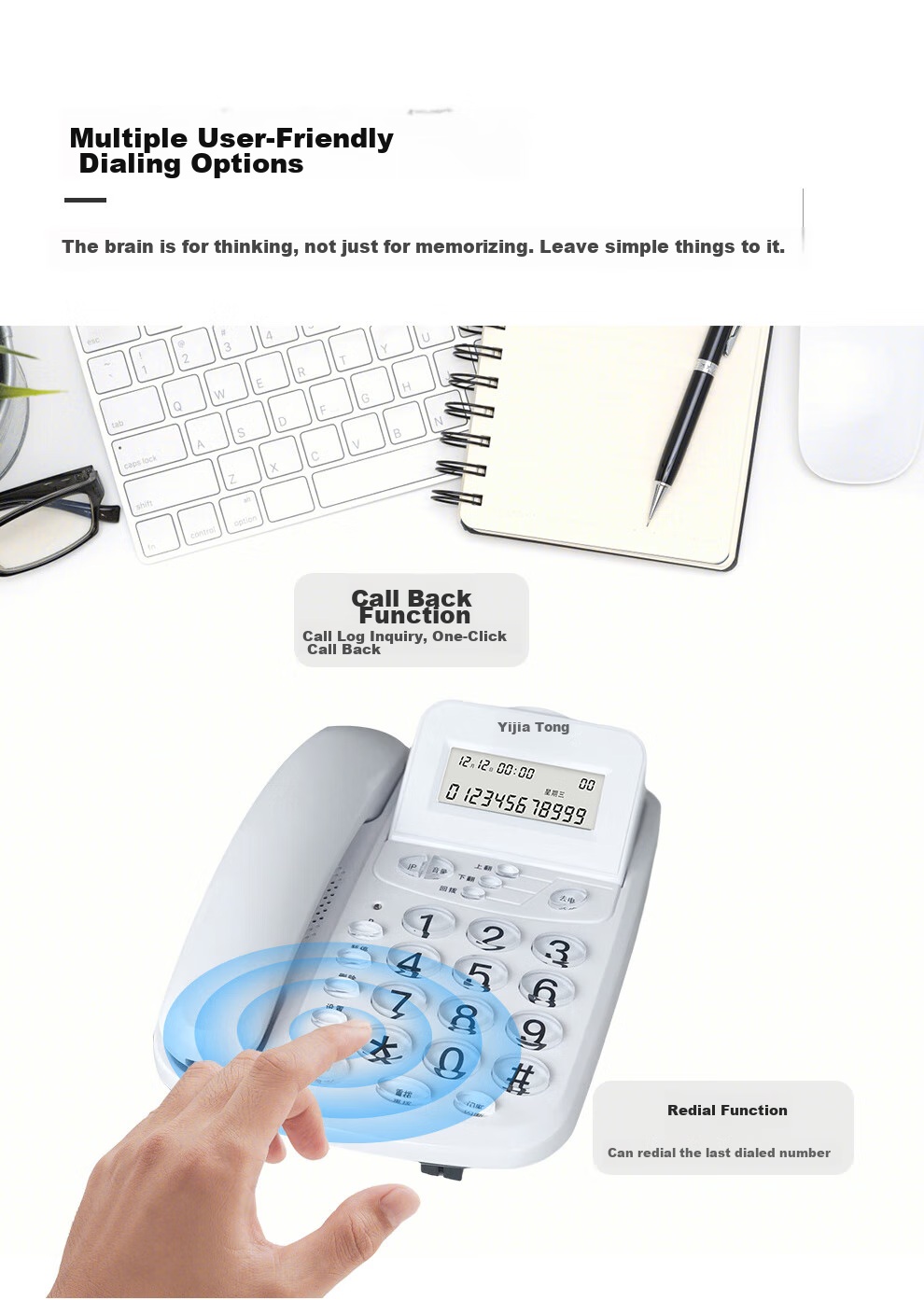Yijiatong Landline Telephone, Fixed-Line Phone for Office And Home Use, Caller ID, Battery-Free, Flip Screen, T17B, Pearl White 15