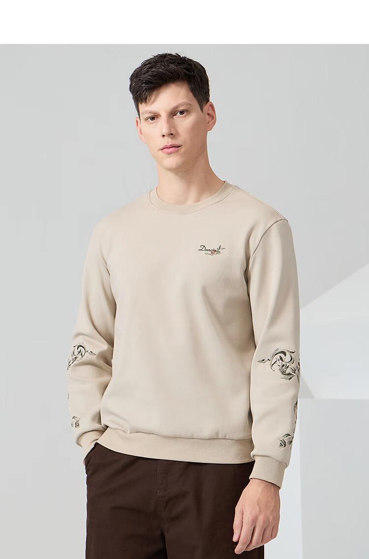 DANCING WOLVES [Fleece-Lined & Heavy Embroidery] Autumn And Winter National Trend Embroidered Crewneck Warm Men's Sweatshirt, 706 Light Khaki, Size 180 6