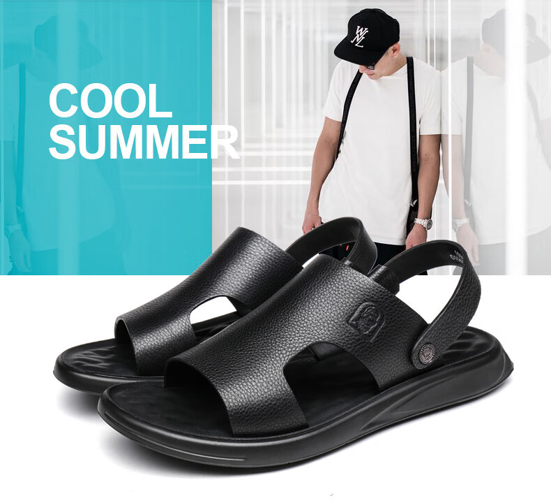 LAORENTOU Men's Sandals, Summer Top-Grain Leather Breathable Beach Versatile Casual Shoes Slippers Men's Footwear, 10965 Black 41 3