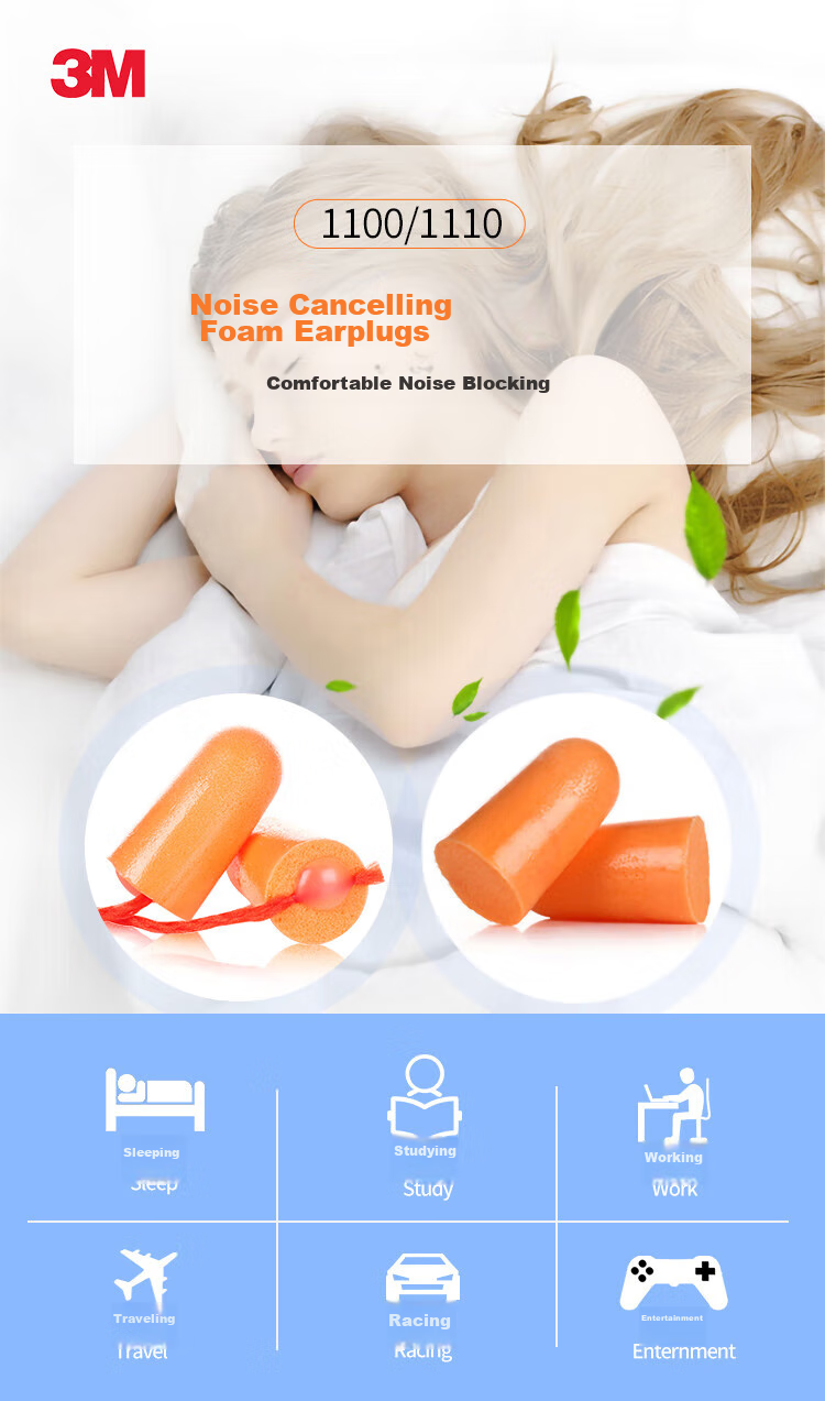 3M Earplugs for Sleeping, Soundproofing, Noise Reduction, Anti-Noise, for Factory Workshops, Specialized Noise Reduction 37db, 1100 Foam Elastic Wireless Earplugs, 10 Pairs Individually Packaged 1