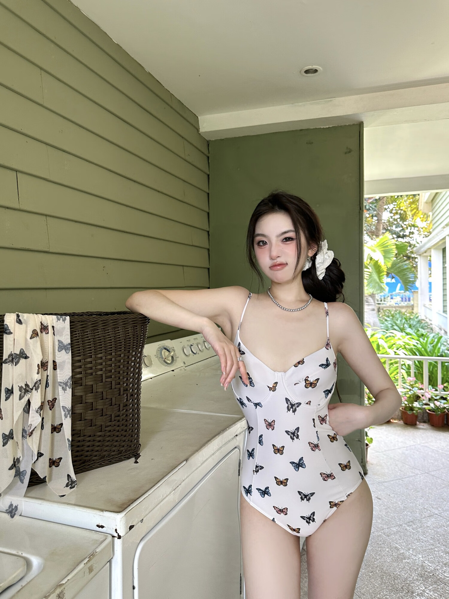 OMOM Women's One-Piece Swimsuit Sexy Pure Temptation Butterfly Print Slimming Whitening Vacation Off-White L 12