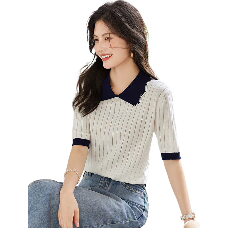 Taxiang Women's Short-Sleeve T-Shirt, Doll Collar Thin Knit Top, Summer Women's T-Shirt, Contrasting Color Top, T144T1629