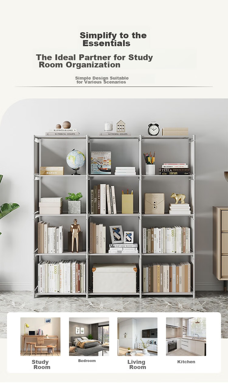 Anerya Simple Bookshelf Floor-Standing Side Table Storage Rack Large Capacity Bookcase with Double Rows of 8 Shelves, Silver Gray Color 8