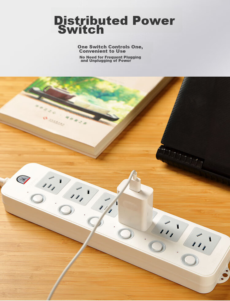 Zidantou New National Standard Split Control Socket/power Strip/extension Cord/strip/power Board/terminal Block 6 Outlets with Independent Switches, Total Length 2.8 Meters TS-208c 4