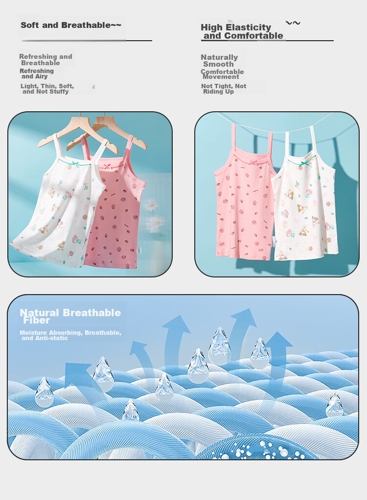 LangSha Children's Tank Tops, Girls' Summer Thin Cotton Undershirts, Camisoles for Young Girls, 2-Piece Set, Strawberry Girl Design, Size 110 1