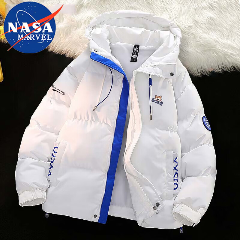 NASA MARVEL Cotton Jacket for Men, Winter Coat, Thickened Trendy Puffer Jacket, Sports Couple Style Padded Coat, White, XL