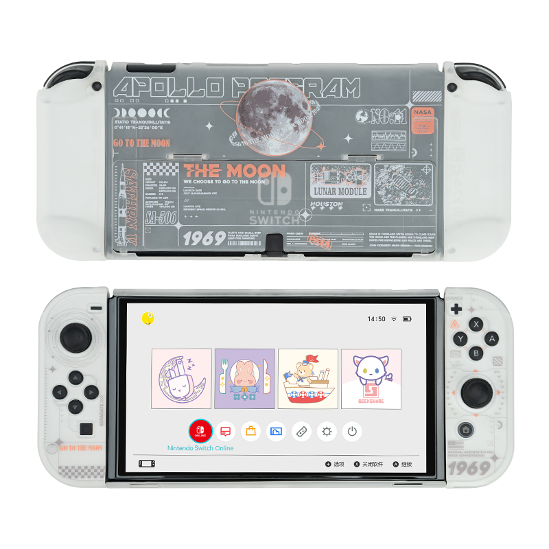 Jixiang Swtich OLED Protective Case, Game Console Cover, Moon Landing Plan Detachable Transparent Shockproof Hard Shell, Handheld Case with Direct Plug-In Base, Switch Protective Case