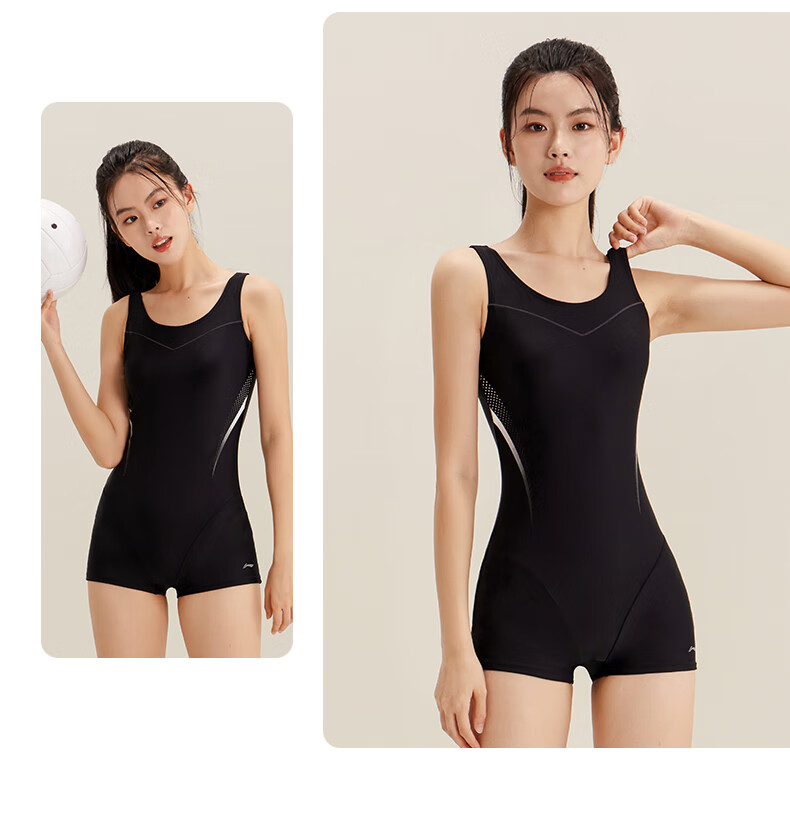 Li-Ning Women's One-Piece Swimsuit, Square Leg, Professional Sports, Push-Up, Tummy Control, Slimming, Hot Spring Resort Swimwear, 1251 Black M 13