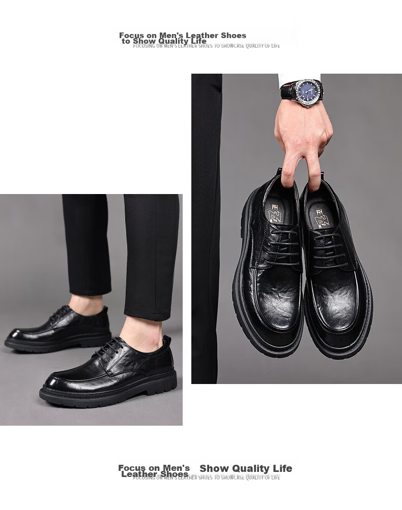 Zhengtai British Business Leather Shoes for Men, Breathable Hand-Grain Soft Leather Men's Shoes, Thick-Soled Casual Men's Leather Shoes JZ0017 Black Size 38 13