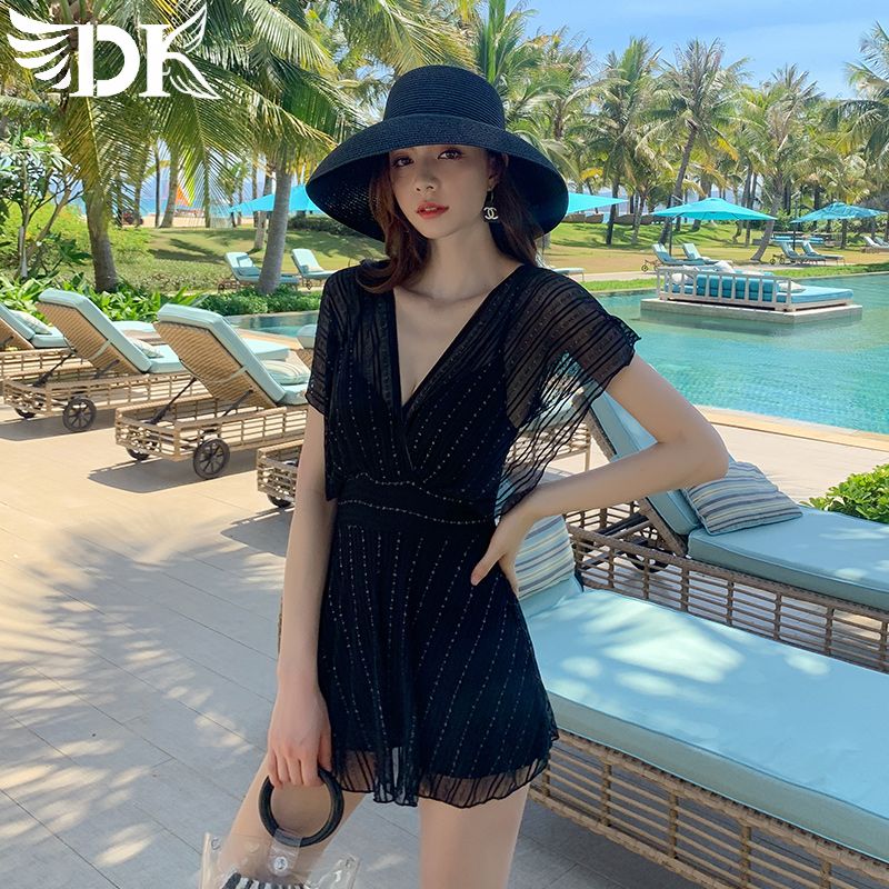 DK Women's Swimsuit, 2026 New Style, Hot Spring Sexy Push-Up Conservative Tummy-Covering Slimming One-Piece Dress, Black, L