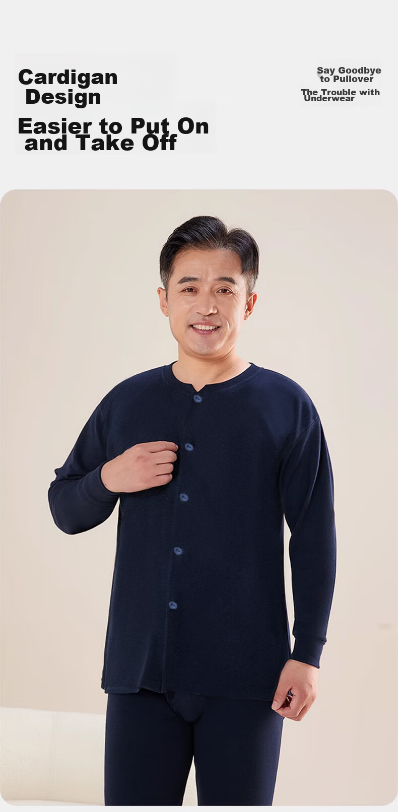 XUEXIMAN Middle-Aged And Elderly Autumn Underwear Set for Men, Pure Cotton Cardigan Style, Fashionable Printed Cotton Sweater, Warm Underwear, XL Size 9