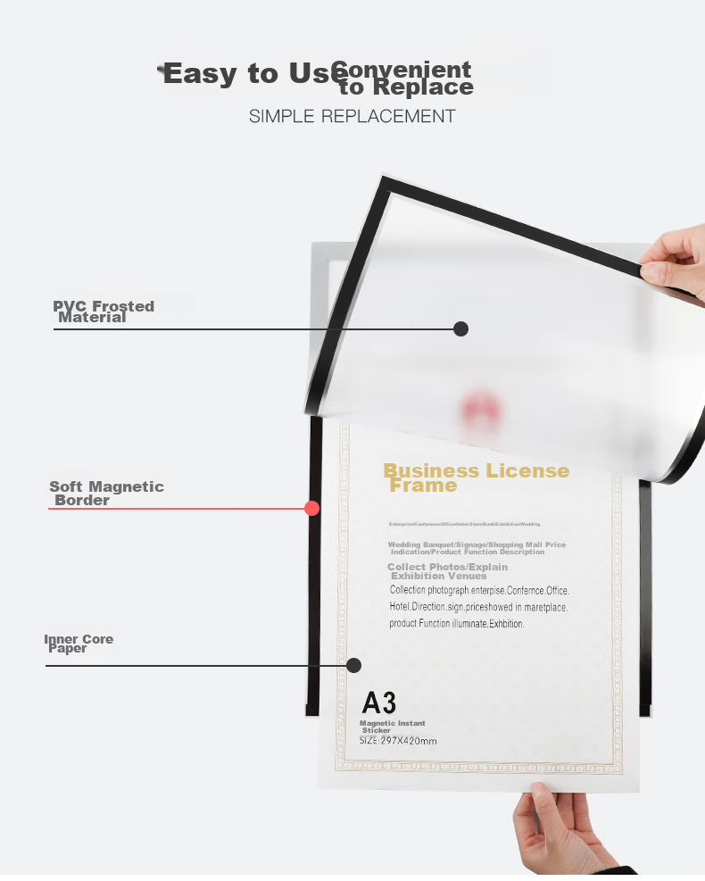 Befon Business License Frame, Magnetic Display A4 Holder, No Drilling Required, Strong Magnetic Attachment, Ready to Use, Specially Designed for Licenses, Photo Poster Protective Frame, Silver 5498 5
