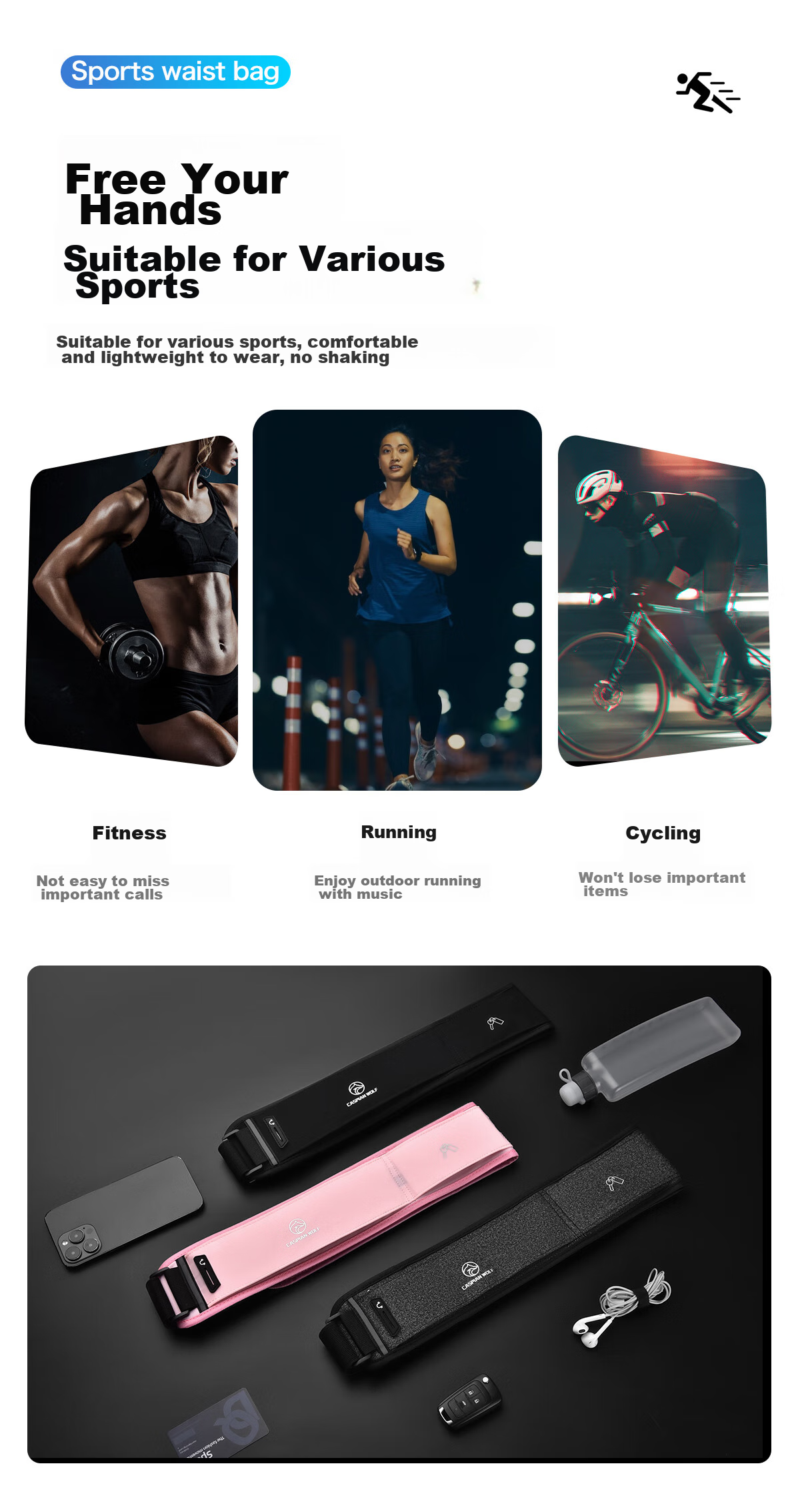 CASPIAN WOLF Marathon Running Waist Pack with Water Bottle Holder for Men And Women, Thin Sports Phone Pouch, Invisible Fitted Fitness Waist Belt 2