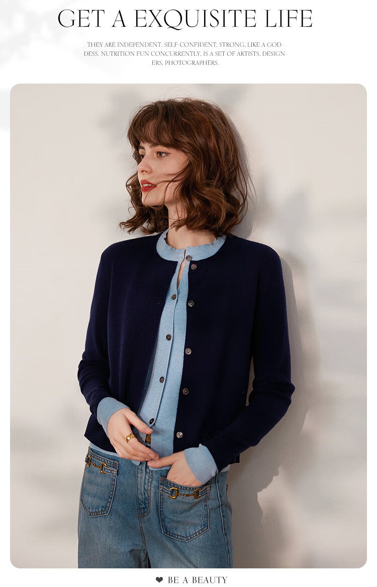 LOUISYAO Spring Autumn Two-Piece Colorblock Knit Round Neck Single-Breasted Long Sleeve Cardigan Women Navy Blue with Blue Patchwork 1 XL 9