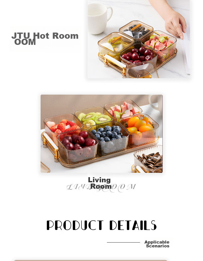 BJ Fruit And Nut Dish with Lid, High-End Divided Plate for Home Use, Candy Snack Luxury Dessert Tray, 6 Compartments, Champagne Color 15