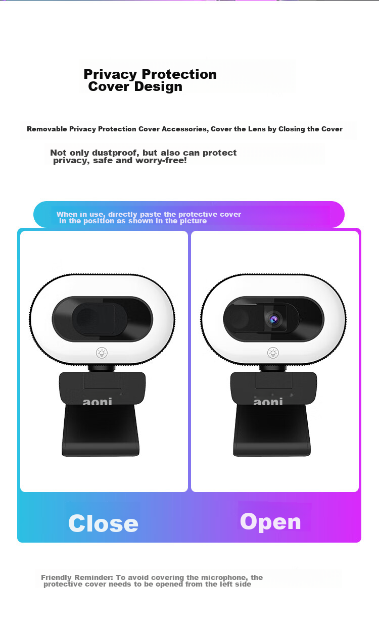 Aoni Live Streaming Camera, High-Definition Beauty Filter, Live Streaming Product Promotion, Touch Control Three-Level Fill Light, Desktop And Laptop USB Interface Plug And Play A60 7