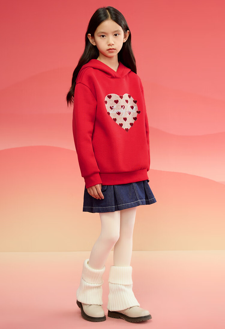 BALABALA Children's Clothing, Girls' Long-Sleeve Sweatshirt, Spring Hoodie with Heart Pattern, New Year Red Top, 209125121001 3