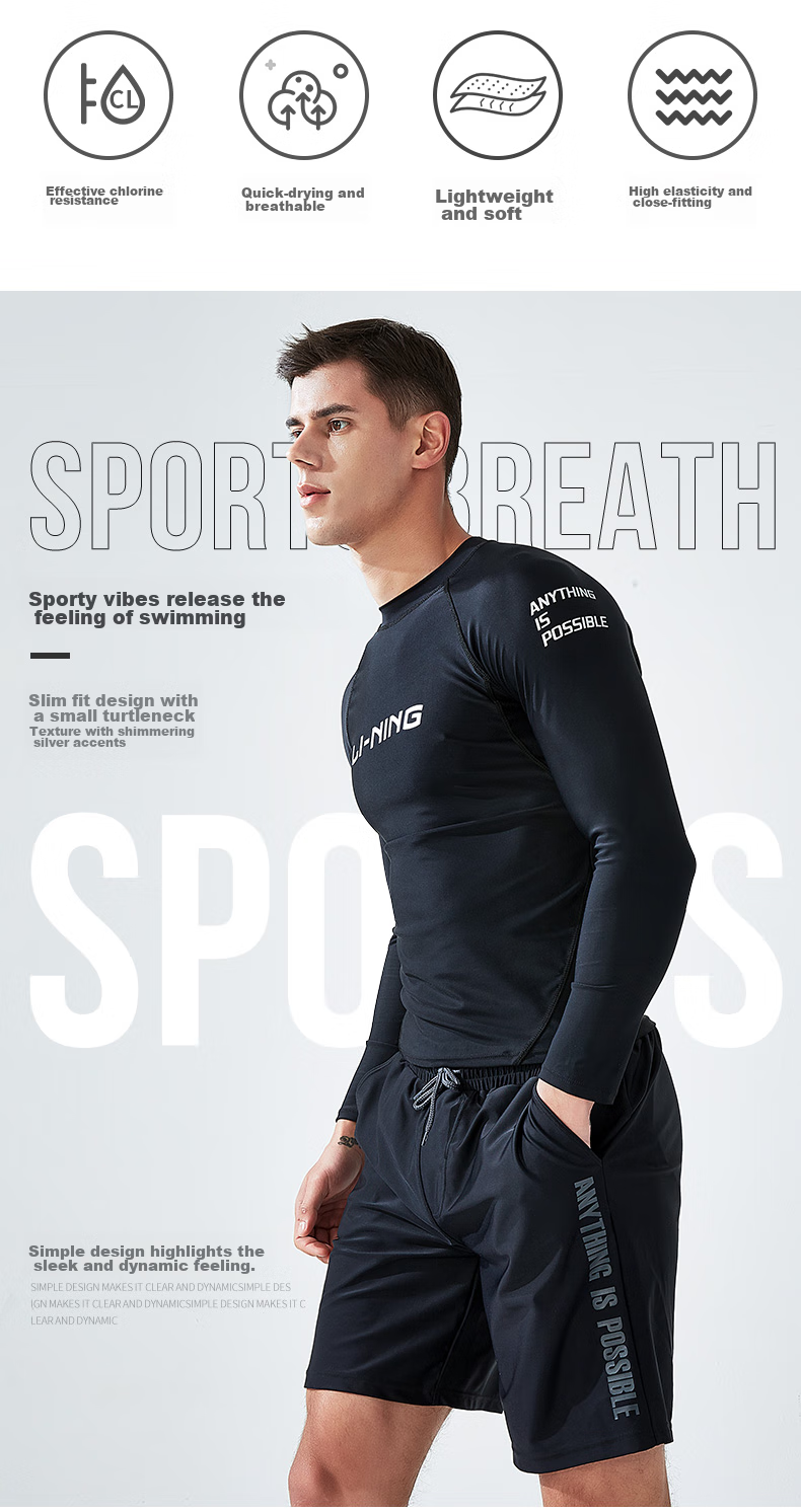 Li-Ning Men's Long-Sleeve Swimsuit Anti-Embarrassment Hot Spring Surfing Suit LSLR223, Long Sleeve Black, Size L 2