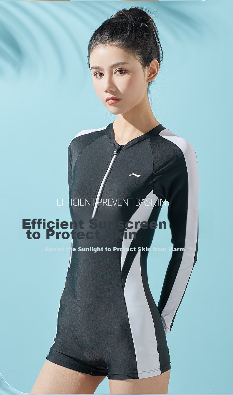 Li-Ning One-Piece Swimsuit for Women, Long Sleeves, Sun Protection, Conservative, Slimming, Comfortable, Chlorine-Resistant, Sports Training Swimwear 018 Black Gray XL 7