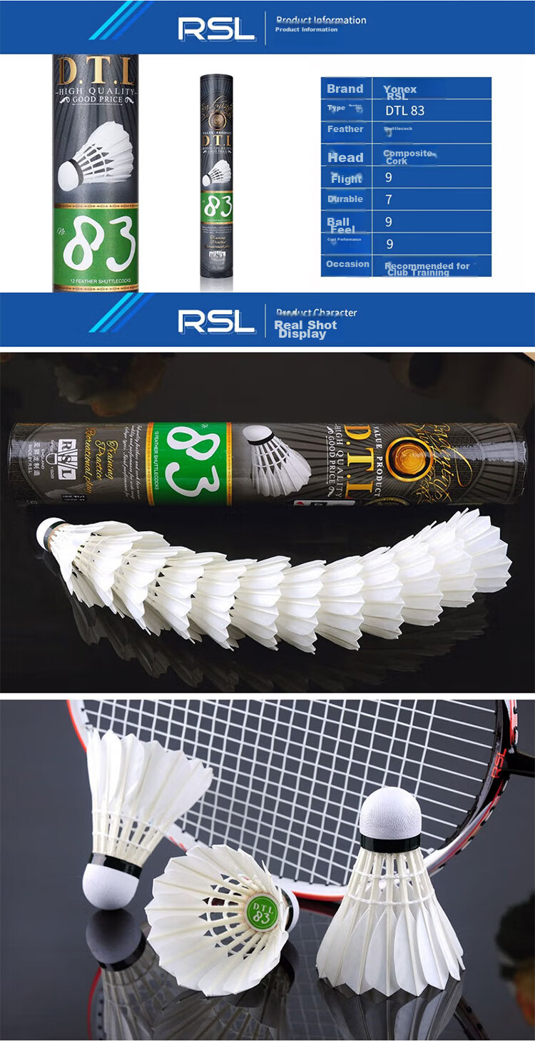 RSL Badminton Training Practice Shuttlecocks Daitongli DTL-83, Speed 76, 12 Pieces Per Tube 3