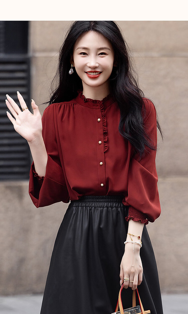 Dme [Ruched Shiny Blouse] Spring And Autumn French Style Women's Elegant Ruffle Stand Collar Pleated Blouse Women's Top 24