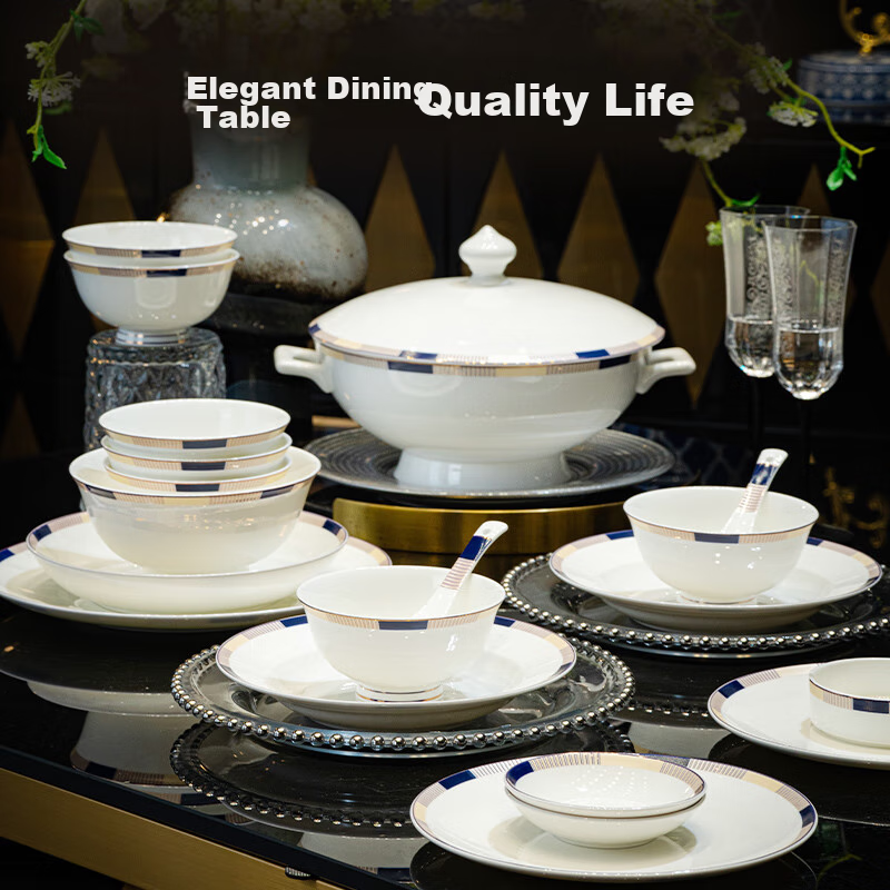 JD Original Bowl And Plate Tableware Set, Bone China Dinnerware Gift Box Set for Housewarming, Interlude 66-Piece Set