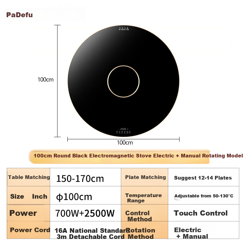 PADEFU Round Food Warmer Plate with Induction Cooker, 2026 New Multifunctional Household Heating Plate, Food Warmer Board, Electric Dining Table Automatic Rotating Plate, Cooking Wonder, 100cm Black