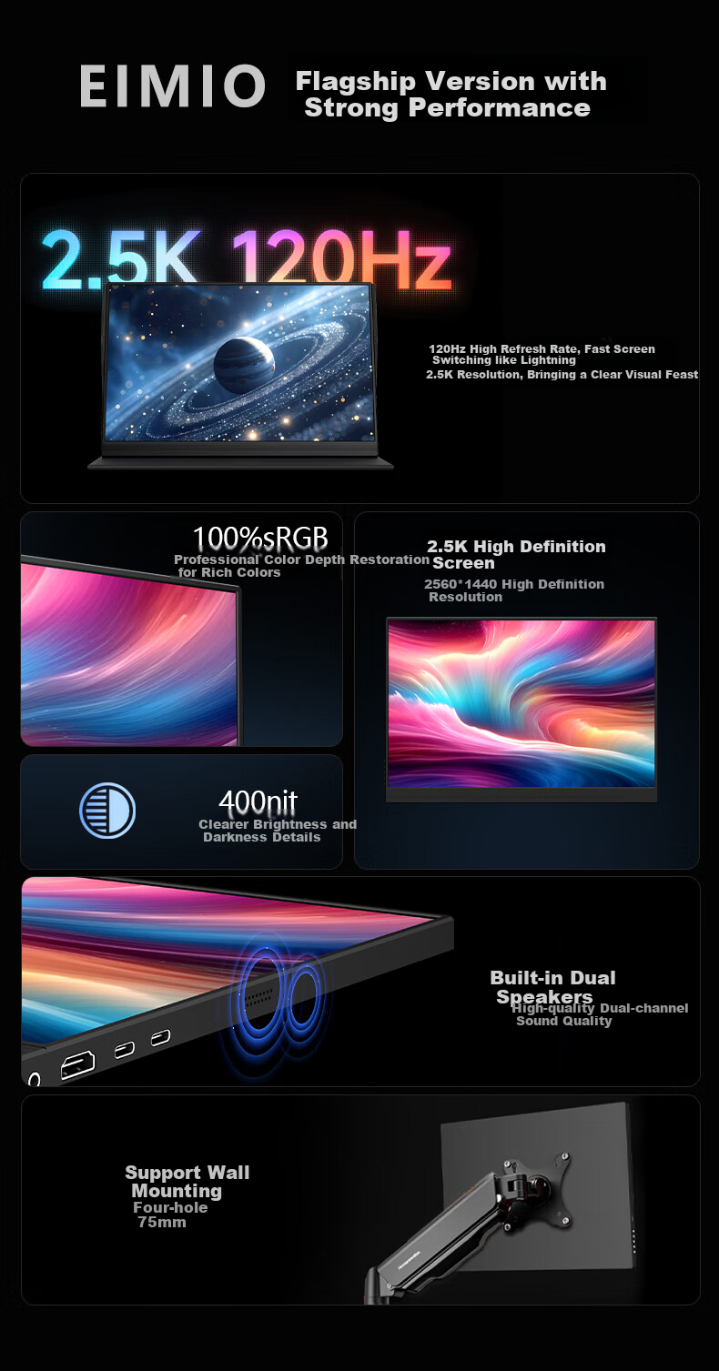 Eimio Portable Monitor [2.5K/120Hz] Display DCI-P3 Color Gamut, 16-Inch 16:10 Secondary Screen for Computer, Laptop, Switch, Mobile Phone, PS5 Expansion Screen X16S 3