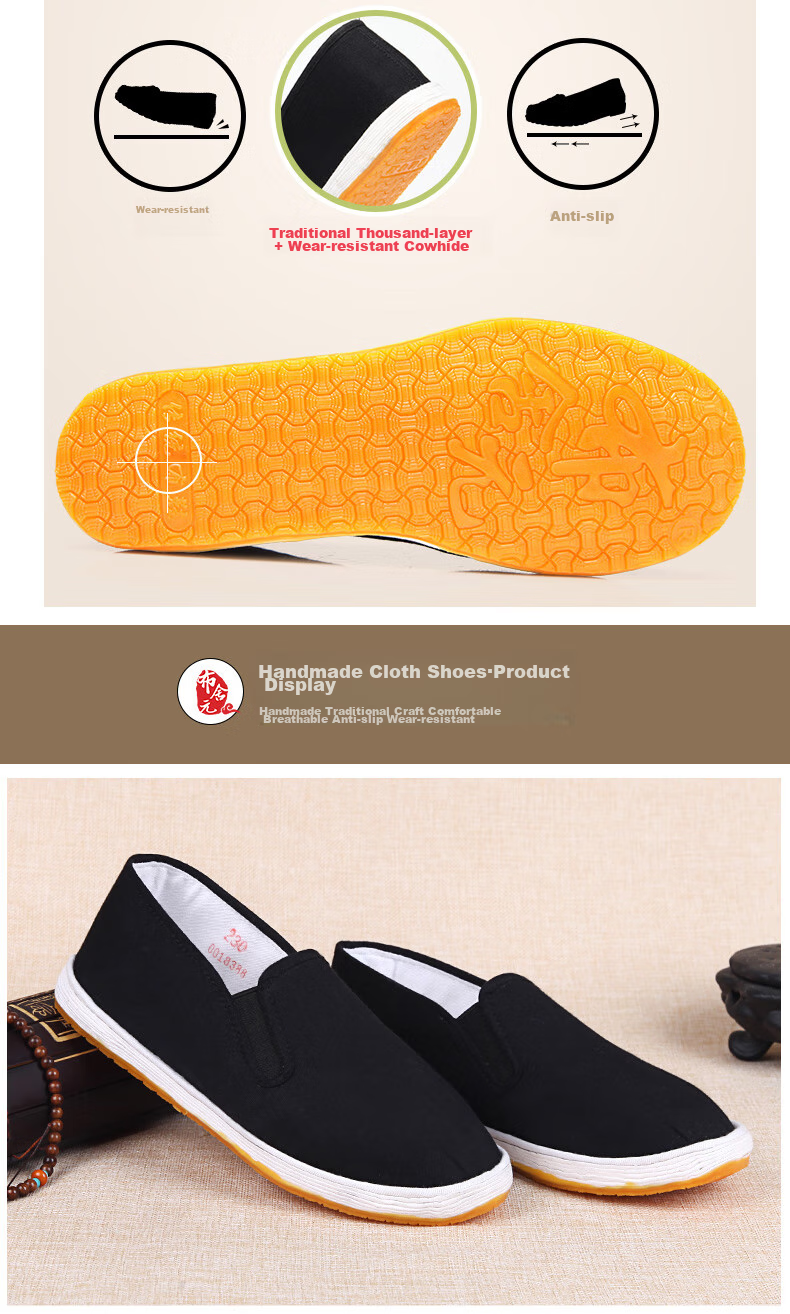 BUS HEYUAN Traditional Handmade Thousand-Layer Sole Cloth Shoes, Women's Flats, Cowhide Sole Old Beijing Cloth Shoes for Women, YW08, Black, Size 40 11