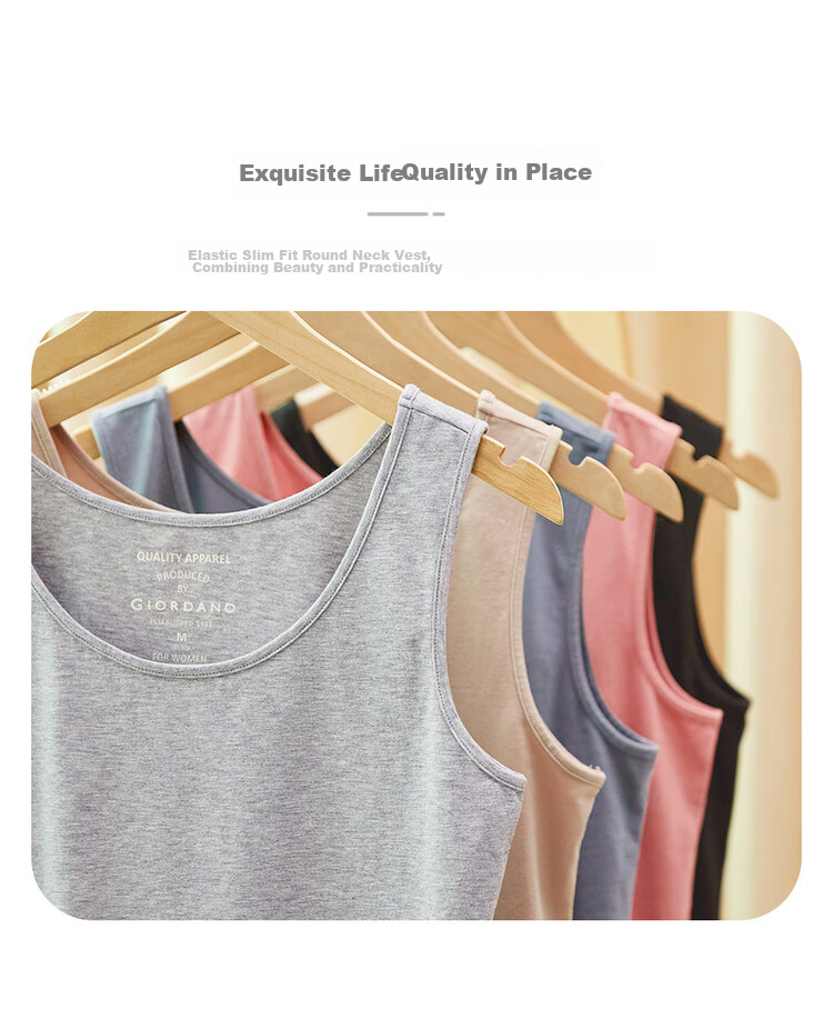 Giordano Sleeveless T-Shirt for Women, Basic Style, Knitted Elastic Cotton, Solid Color, Slim Fit, Round Neck Tank Top, 05323250 7