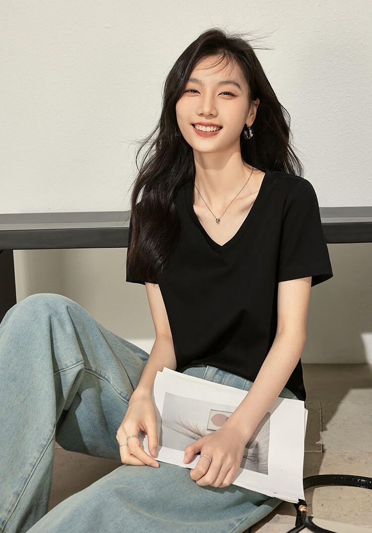 Woodpecker Women's Pure Cotton Short Sleeve T-Shirt Summer V-Neck Loose Fit Slim Solid Color Basic Top Black 4XL 2
