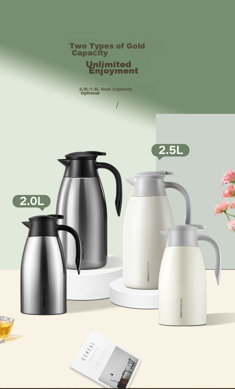 SIMELO Insulated Thermos, Large Capacity Household Use, 316 Stainless Steel Inner Liner, Hot Water Kettle, Warm Water Bottle, Thermos Flask, 2.0L, Yingbin Elegant White 10