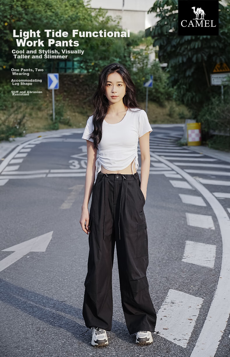 CAMEL Functional Cargo Parachute Pants, Unisex Drawstring Wide-Leg Trousers, 733CAYL6016C, Charcoal Gray, Size S 1