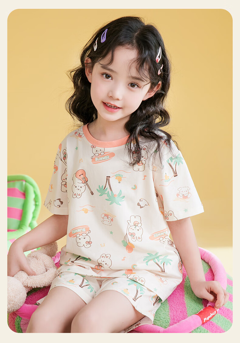 Fenteng Kids Pajamas Girls 100% Cotton Summer Round Neck Loose Cartoon Short Sleeve Shorts Homewear 24