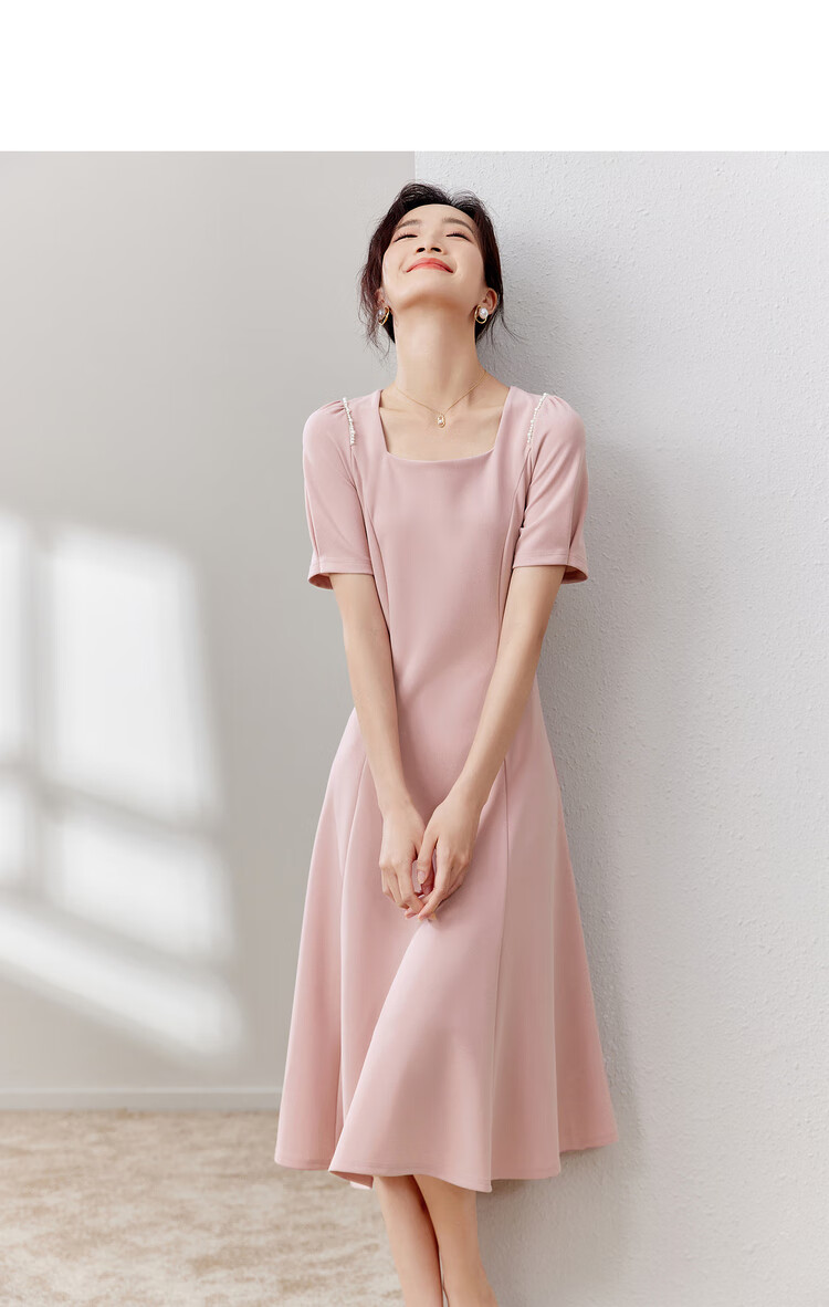 Sentubila Short-Sleeve Dress for Women, Summer Fashion Commuter Mid-Length A-Line Dress with Beaded Waist, Slimming Effect, Black, M 12