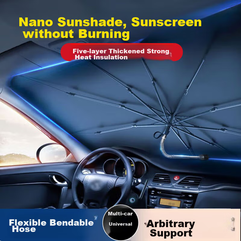 KOOLIFE Car Sunshade, Vehicle Heat Insulation Sun Visor, Foldable Sunscreen Curtain for Car Interior Front Windshield, Upgraded Version with Bendable Handle