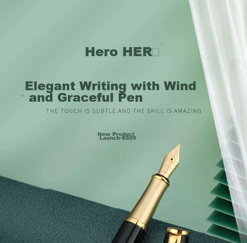 HERO Fountain Pen E609 Extra Fine Iridium Daily Writing Business Calligraphy Practice Pen for Third Grade Elementary And Middle School Students, Boys And Girls Ink Pen Twilight Green Simple Packaging EF Hidden Nib 1