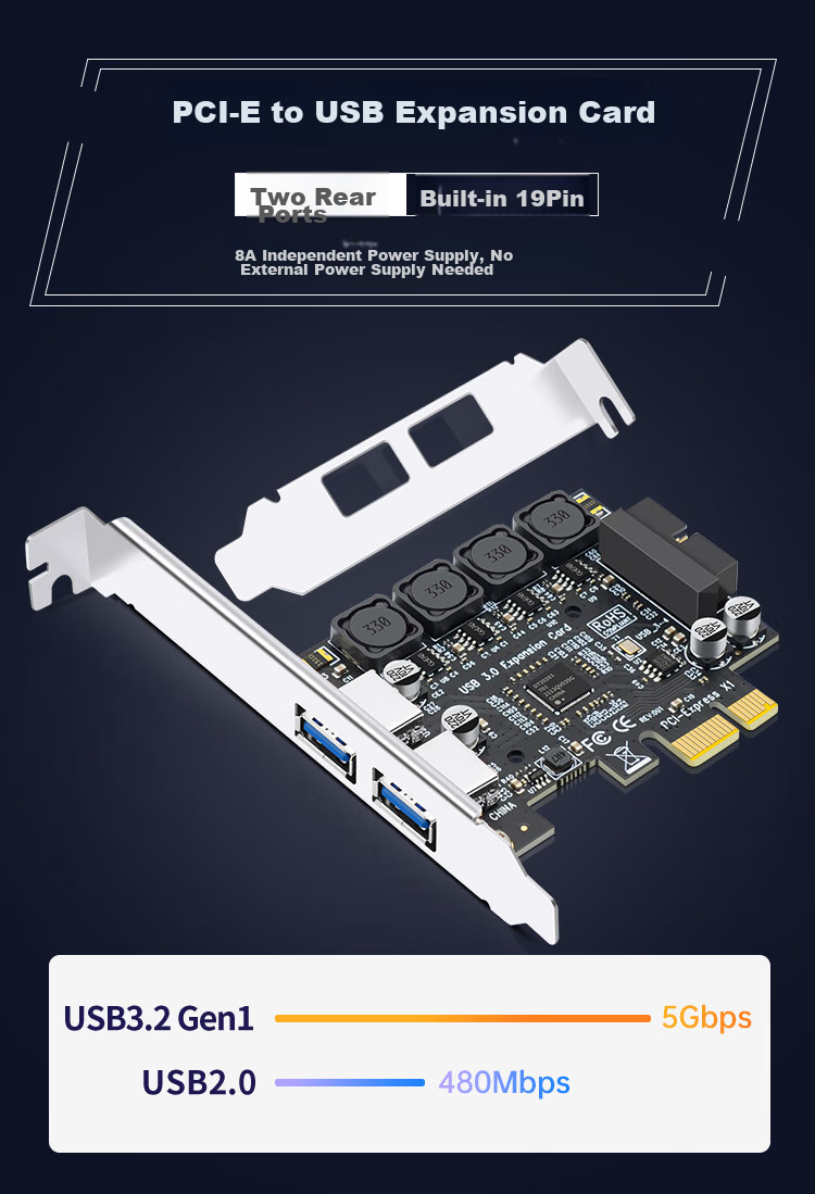 EB-LINK PCIe to 4-Port USB 3.0 Expansion Card with Realtek (NEC) Chip, Desktop Computer Rear 2 Ports + Front 19-PIN Interface USB Adapter Card, Independent Power-Free 2