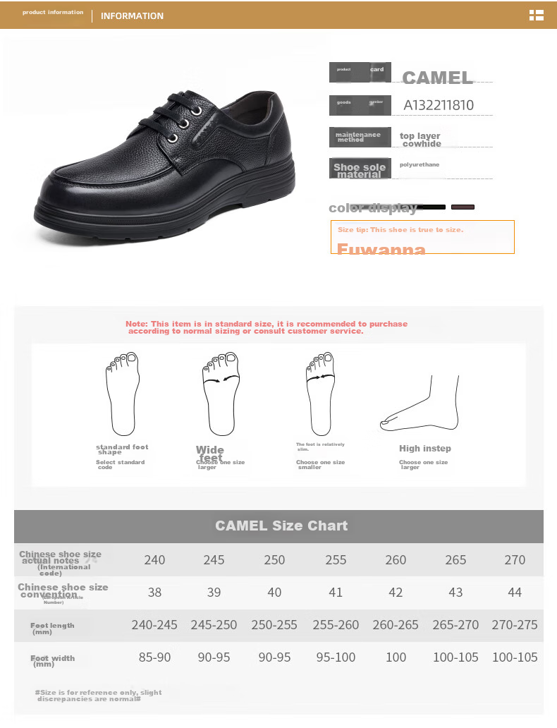 CAMEL Leather Lace-Up Middle-Aged Dad Shoes, Height-Increasing Classic Business Casual Leather Shoes for Men, G15A211067, Black, Size 38 14