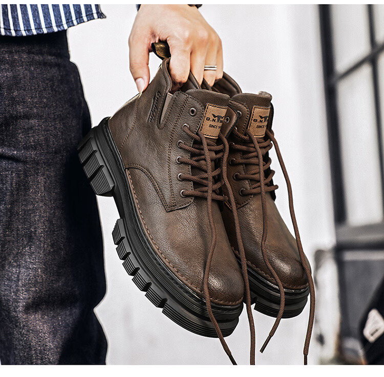 Bull Family Men's Autumn Winter British Style Martin Boots High-top Retro Versatile Work Boots Thick-soled Durable Shoes for Men 12