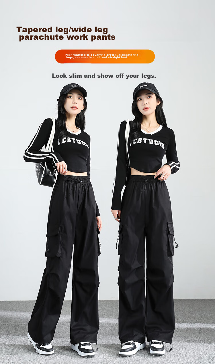FitonTon Parachute Cargo Pants for Women, Summer Ice Silk Thin High-Waisted Wide-Leg Pants, Slimming Straight-Leg Drawstring Quick-Dry Pants, Casual Trousers 1