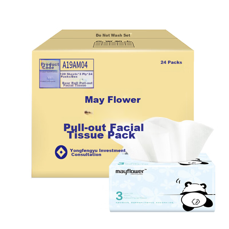 May Flower Facial Tissues, 3-Ply, 120 Sheets*24 Packs, Size S, Soft And Thick, Skin-Friendly, Cartoon Cute Design, Whole Box Packaging