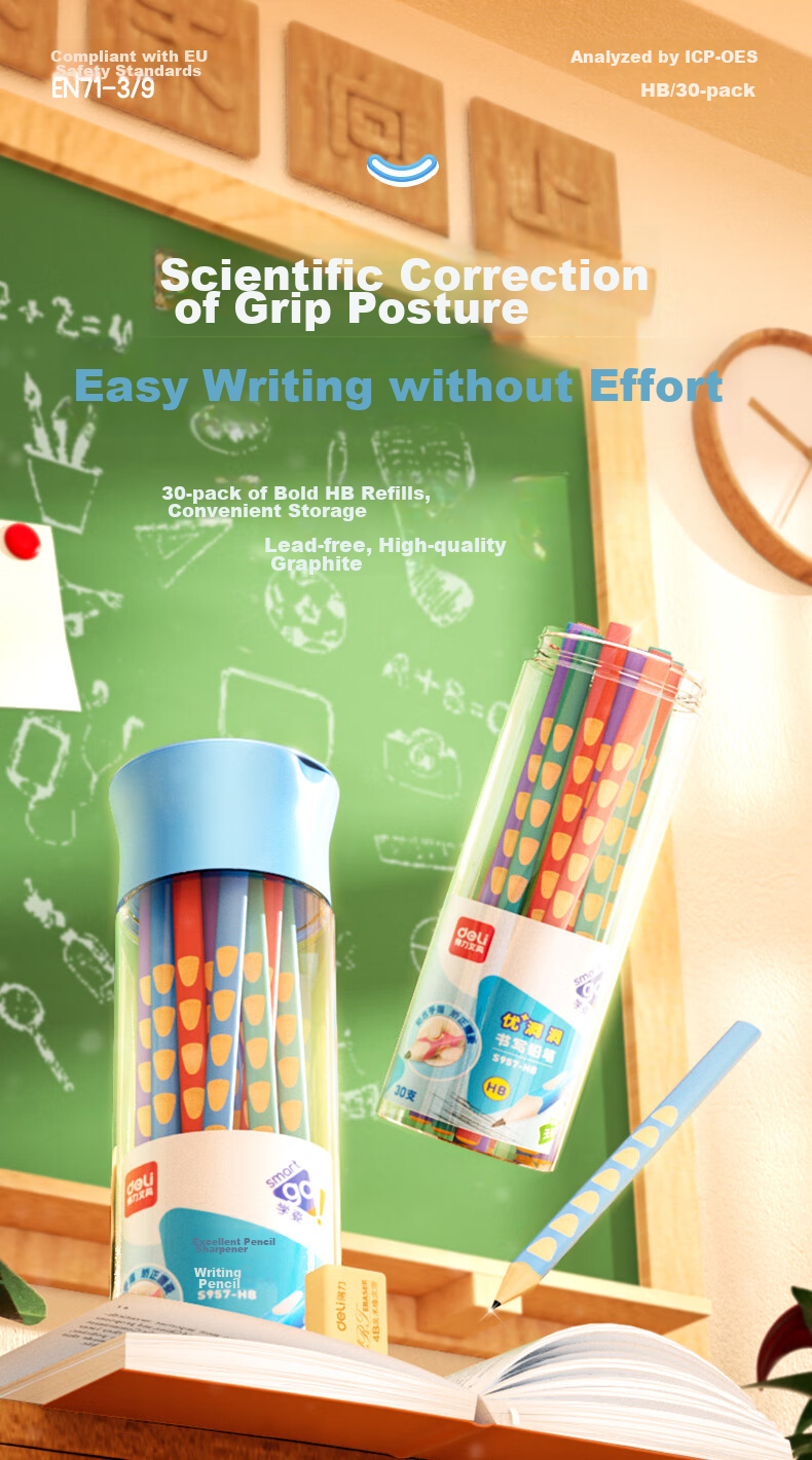 Deli Perforated Pencils, 30 Pieces, HB Triangular Shaft, 7.2mm Colored Shaft, Easy Grip, Children's Writing Posture Correction, Student Handwriting Practice Pencils, S957-HB, Back-To Stationery 1
