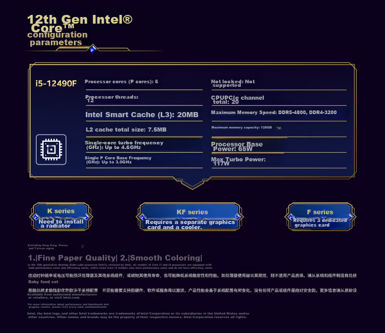 Intel Core 12th Gen I5 Processor 12490F, 6 Cores 12 Threads, Single-Core Turbo Frequency up to 4.6GHz, 20M L3 Cache, Desktop CPU 3