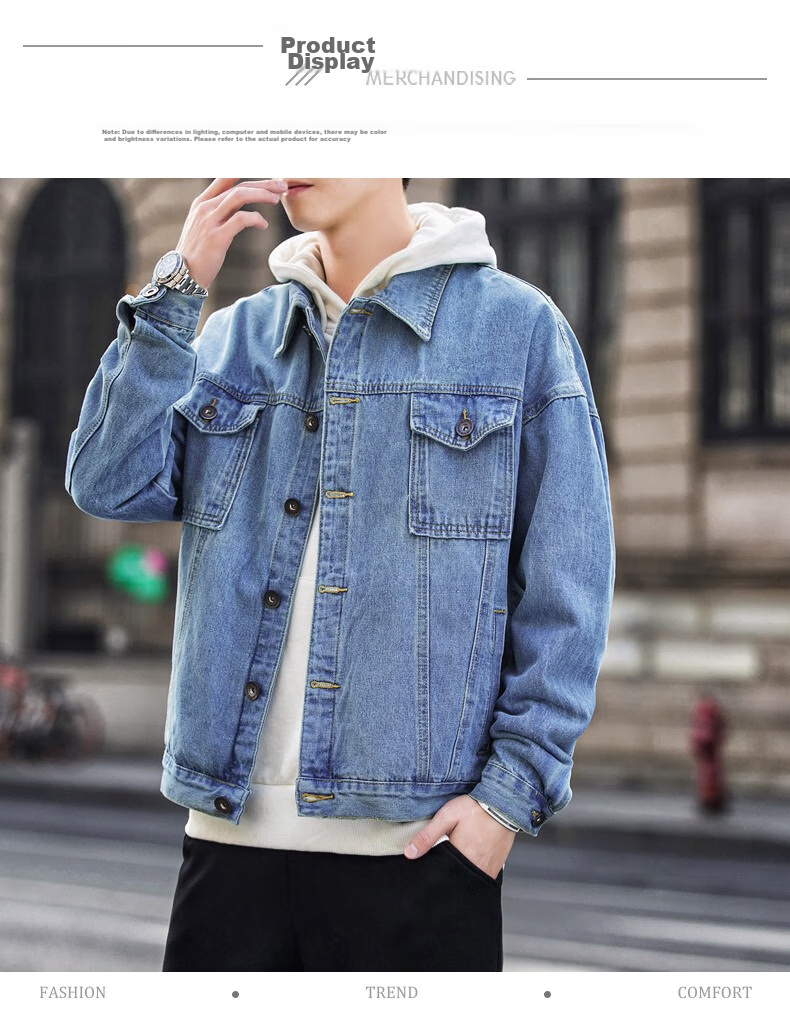 Foss Phil Men's Denim Jacket, Spring And Autumn Casual Retro Trendy Loose Fit Hong Kong Style Workwear Jacket Top FPJK4 Black XL 9