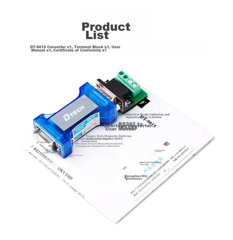 DTECH Passive RS232 to RS485 Converter, Optical Isolation Type, with Indicator Light, Industrial Grade, 9-Pin Serial Bidirectional Communication Protocol, Lightning Protection Converter, DT-9015 16
