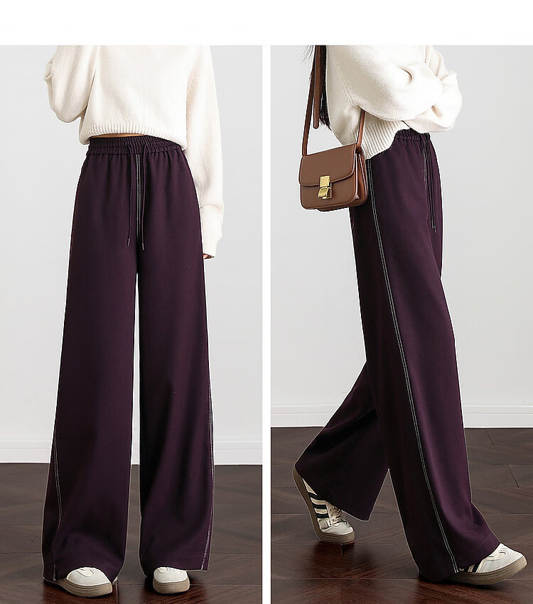 Dme Lazy Stylish Winter Thick Smooth Slanted Pattern Long Pants with Elastic Waist for Slimming Women's Casual Trousers, Purple, L 18
